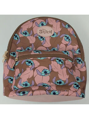 Disney Stitch Mini Backpack Faux Leather Pink Brown All-Over Print Zipper Pocket